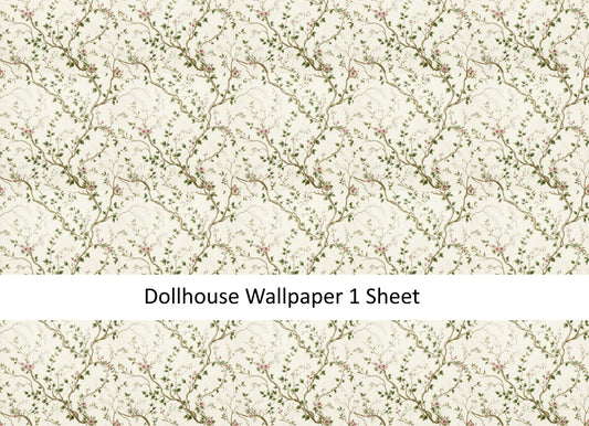 Dollhouse Wallpaper Ivory Garden Vines Pink Flowers 1:12 Scale MiniatureCrush - Miniature Crush