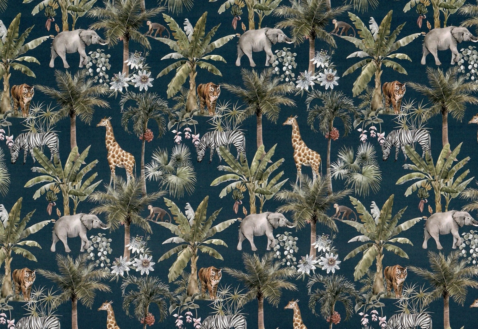 Dollhouse Wallpaper Jungle Print Elephants Tigers Zebras Navy Blue 3 Sheets - Miniature Crush