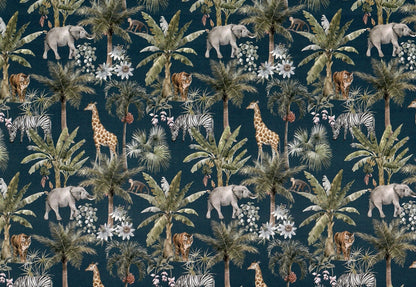 Dollhouse Wallpaper Jungle Print Elephants Tigers Zebras Navy Blue 3 Sheets - Miniature Crush