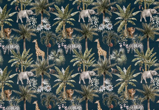 Dollhouse Wallpaper Jungle Print Elephants Tigers Zebras Navy Blue 3 Sheets - Miniature Crush