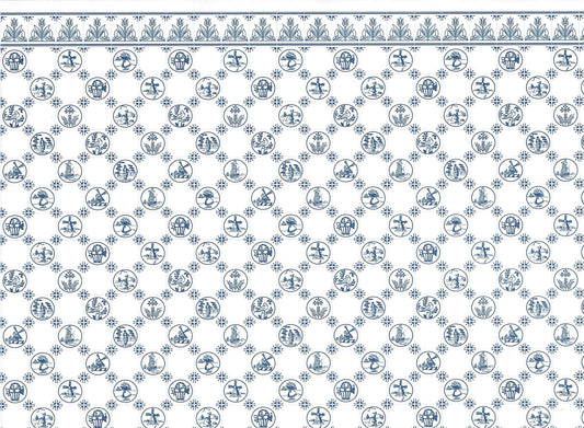 Dollhouse Wallpaper Kitchen "Dutch Tile" Delft Style 1:12 Scale Blue & White Tulip Border - Miniature Crush