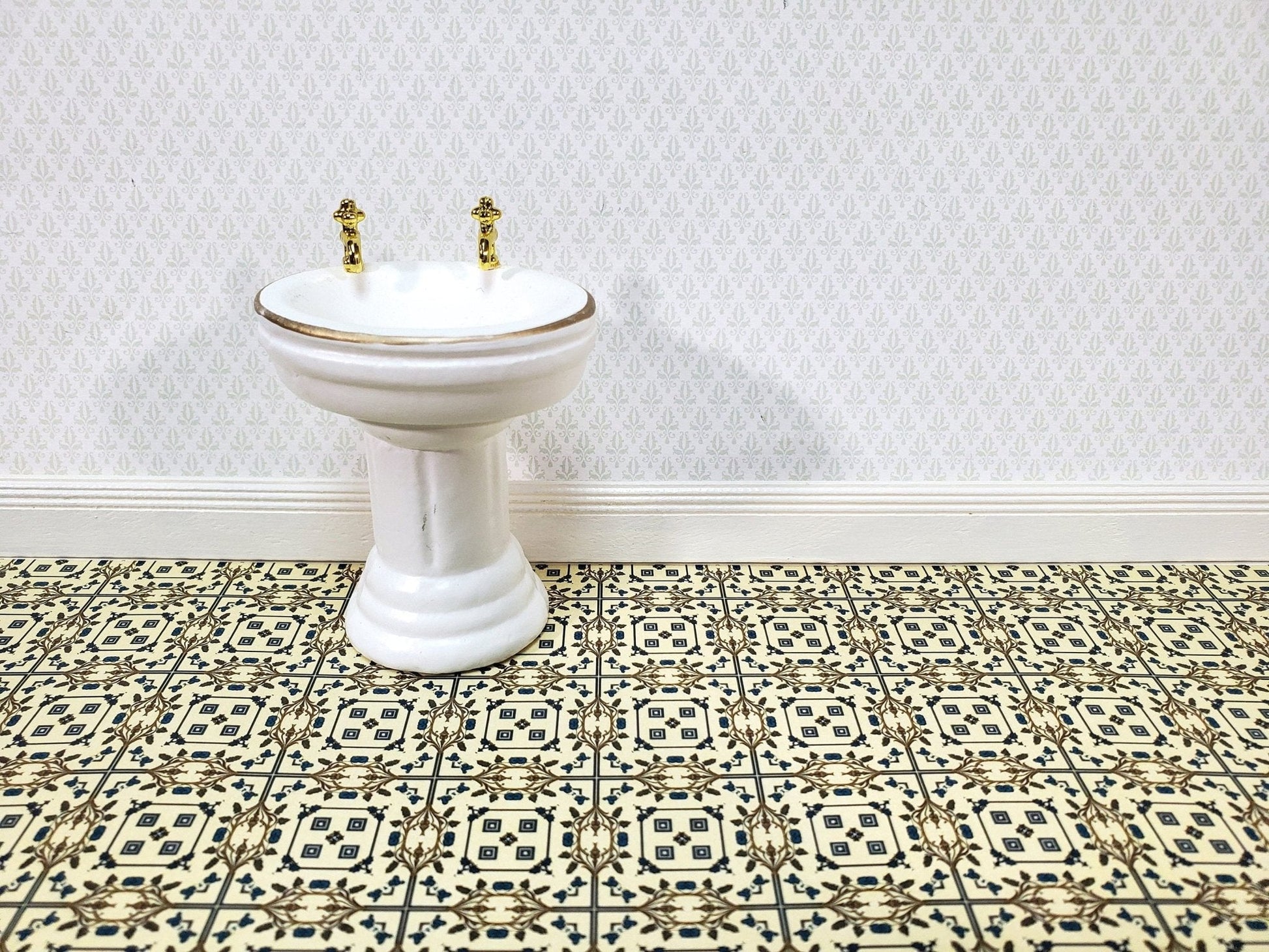 Dollhouse Wallpaper or Floor Tile Cream Brown Blue 1:12 Scale MiniatureCrush Exclusive - Miniature Crush