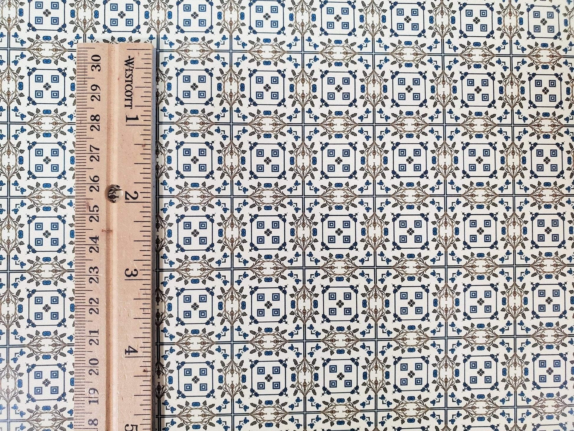 Dollhouse Wallpaper or Floor Tile Cream Brown Blue 1:12 Scale MiniatureCrush Exclusive - Miniature Crush