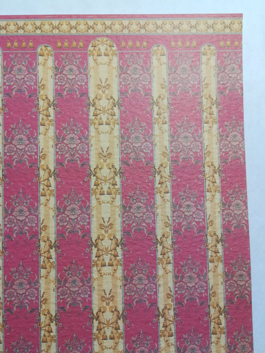 Dollhouse Wallpaper Pink & Tan Victorian 1:12 Scale World Model Birds Tassels Floral - Miniature Crush