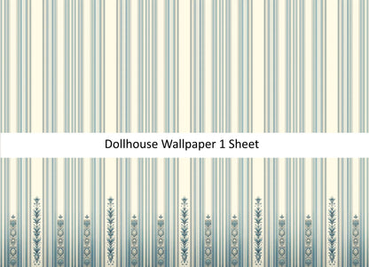 Dollhouse Wallpaper Regal Blues Cream Striped 1:12 Scale MiniatureCrush - Miniature Crush