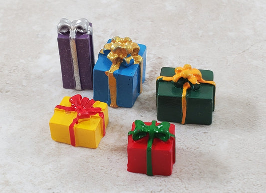 Dollhouse Wrapped Gifts Presents Resin x5 Small Boxes Multi Colored with Bows - Miniature Crush