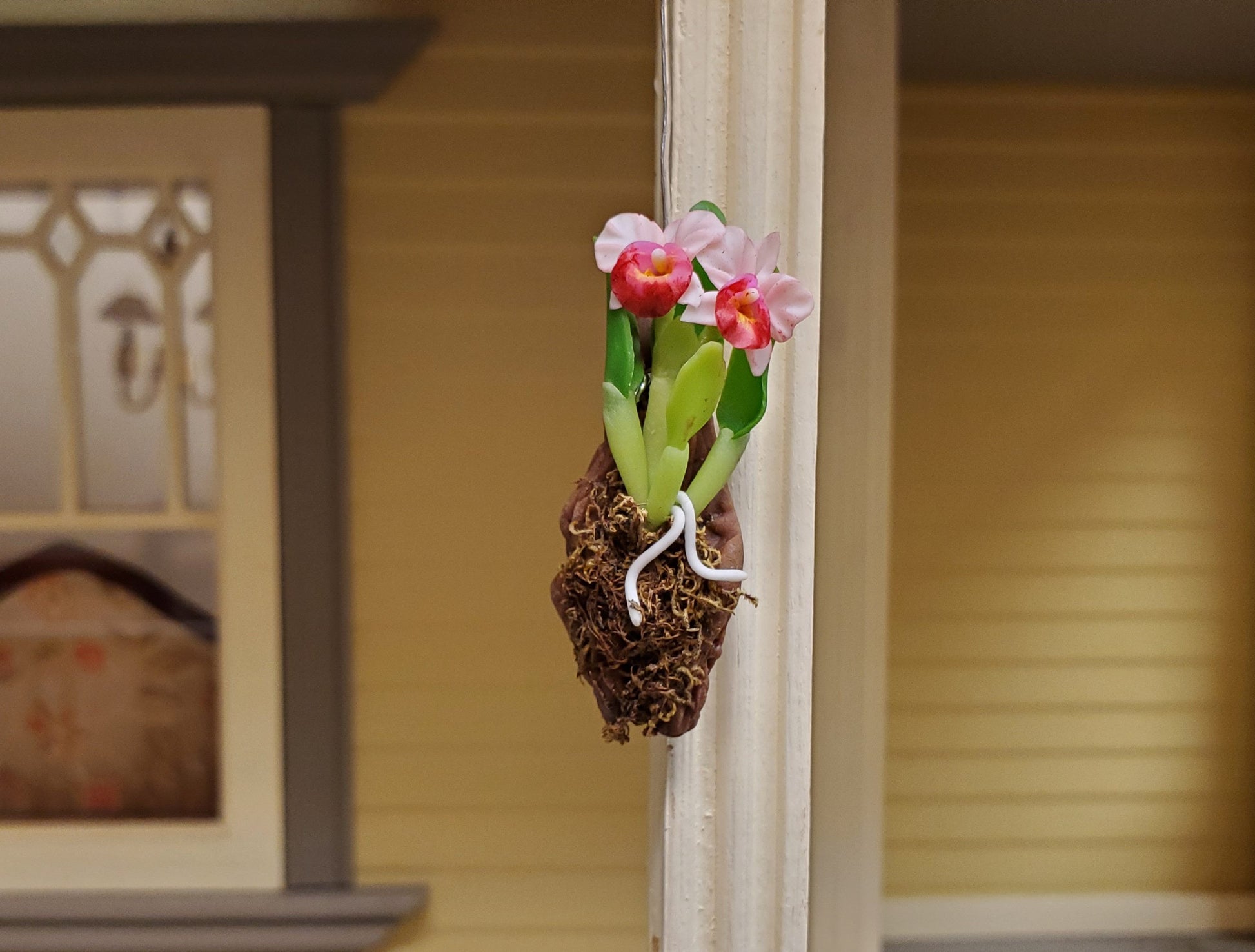 Dollhouse Hanging Orchid on Bark with Moss Pink Flowering Plant 1:12 Scale