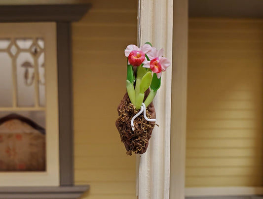 Dollhouse Hanging Orchid on Bark with Moss Pink Flowering Plant 1:12 Scale