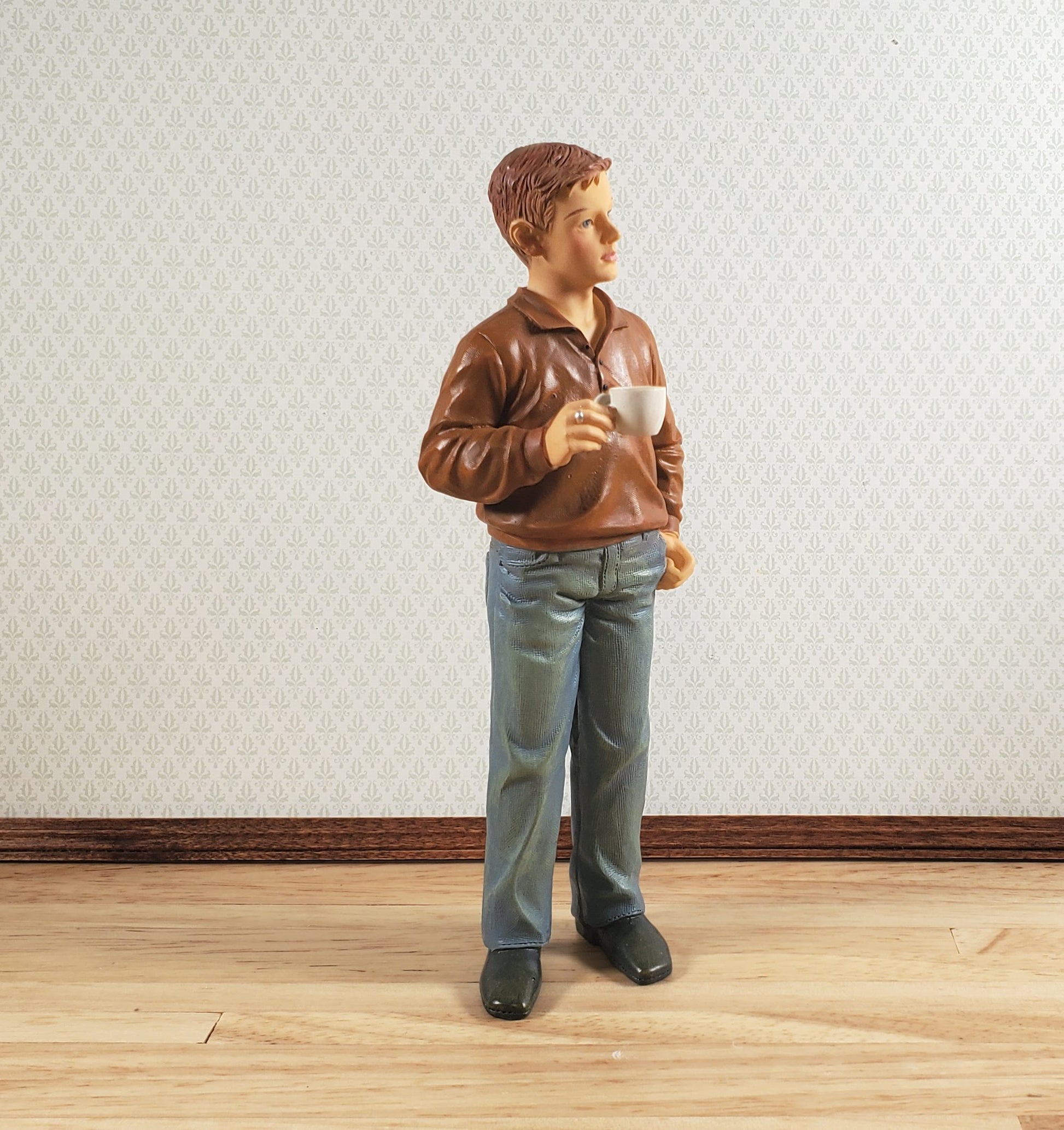 Dollhouse Modern Young Man Dad Male with Coffee Standing 1:12 Scale "Russ"