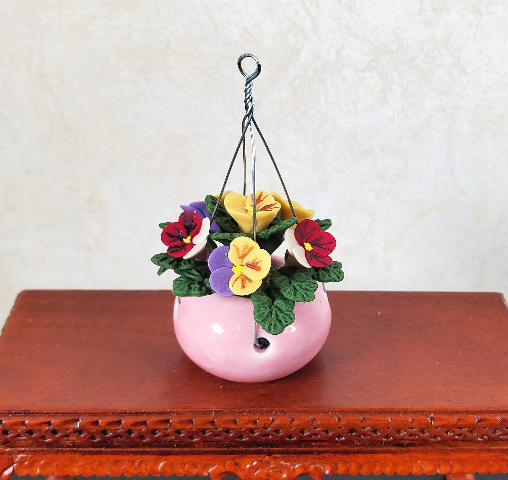 Dollhouse Pansies in a Hanging Pink Planter 1:12 Scale Miniature Garden