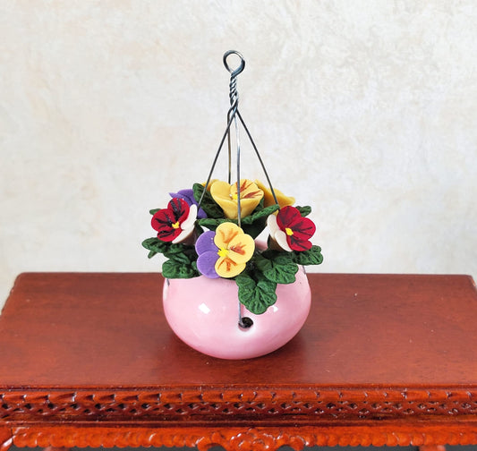 Dollhouse Pansies in a Hanging Pink Planter 1:12 Scale Miniature Garden