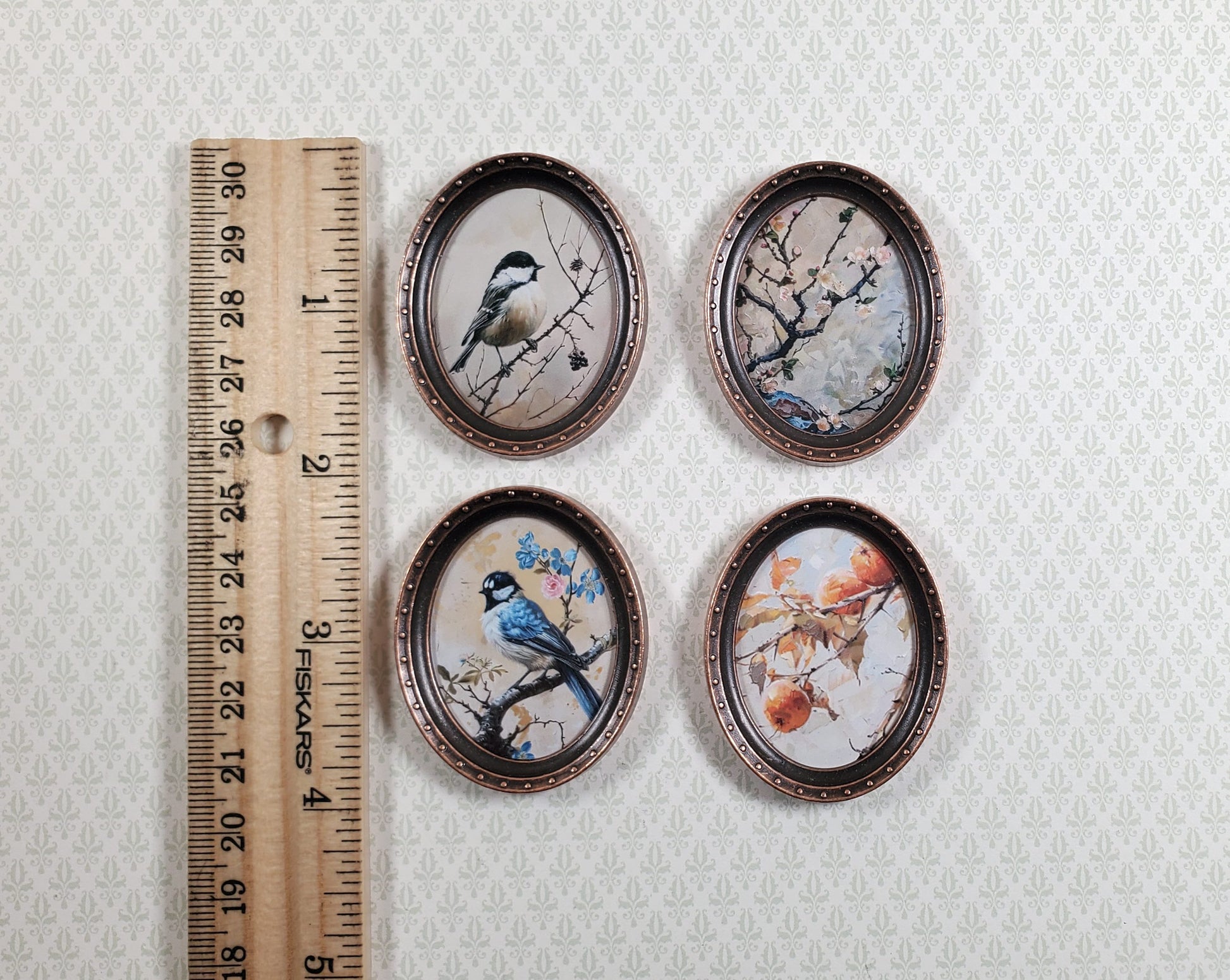 Miniature Framed Prints x4 Chickadee Branches Oval Frames 1:12 Scale Metal Frame