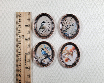 Miniature Framed Prints x4 Chickadee Branches Oval Frames 1:12 Scale Metal Frame