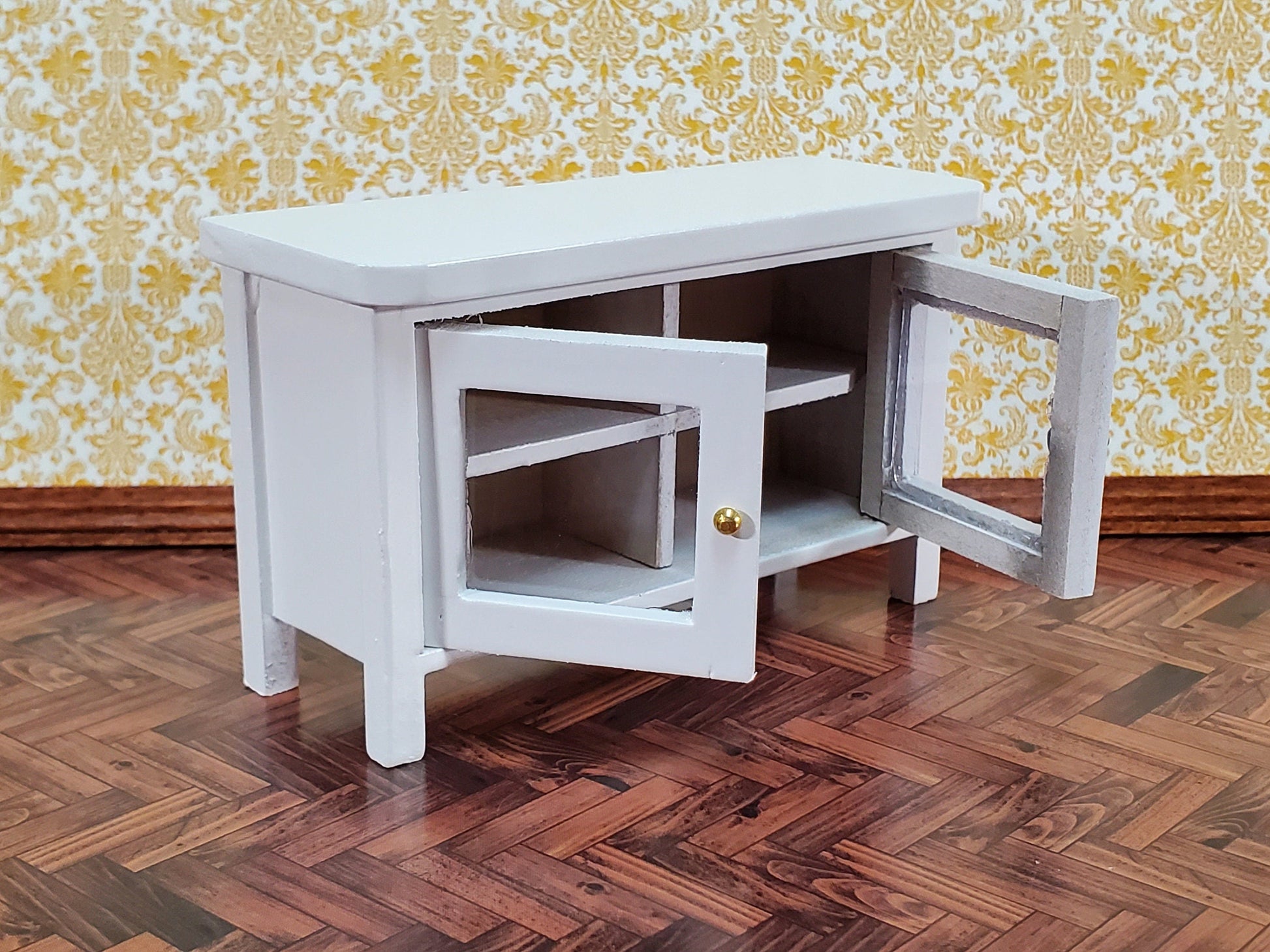Dollhouse TV Media Stand Low Cabinet Modern Style White 1:12 Scale Miniature Furniture