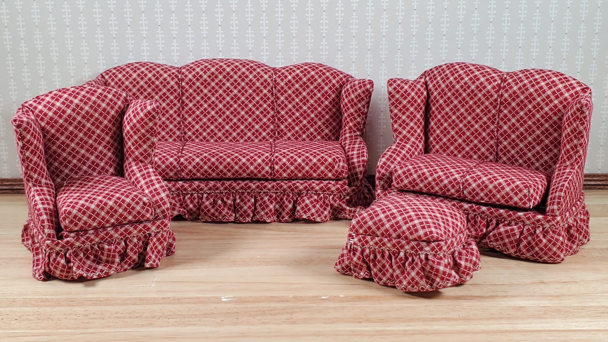 Dollhouse Living Room Set 4 pc Dark Red & Beige Plaid 1:12 Scale Miniature Furniture