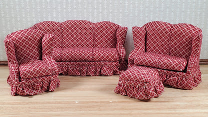 Dollhouse Living Room Set 4 pc Dark Red & Beige Plaid 1:12 Scale Miniature Furniture