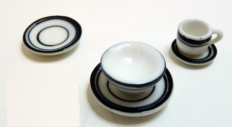 Dollhouse White with Black Trim Ceramic Dinner Setting 1:12 Scale Miniatures