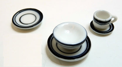 Dollhouse White with Black Trim Ceramic Dinner Setting 1:12 Scale Miniatures