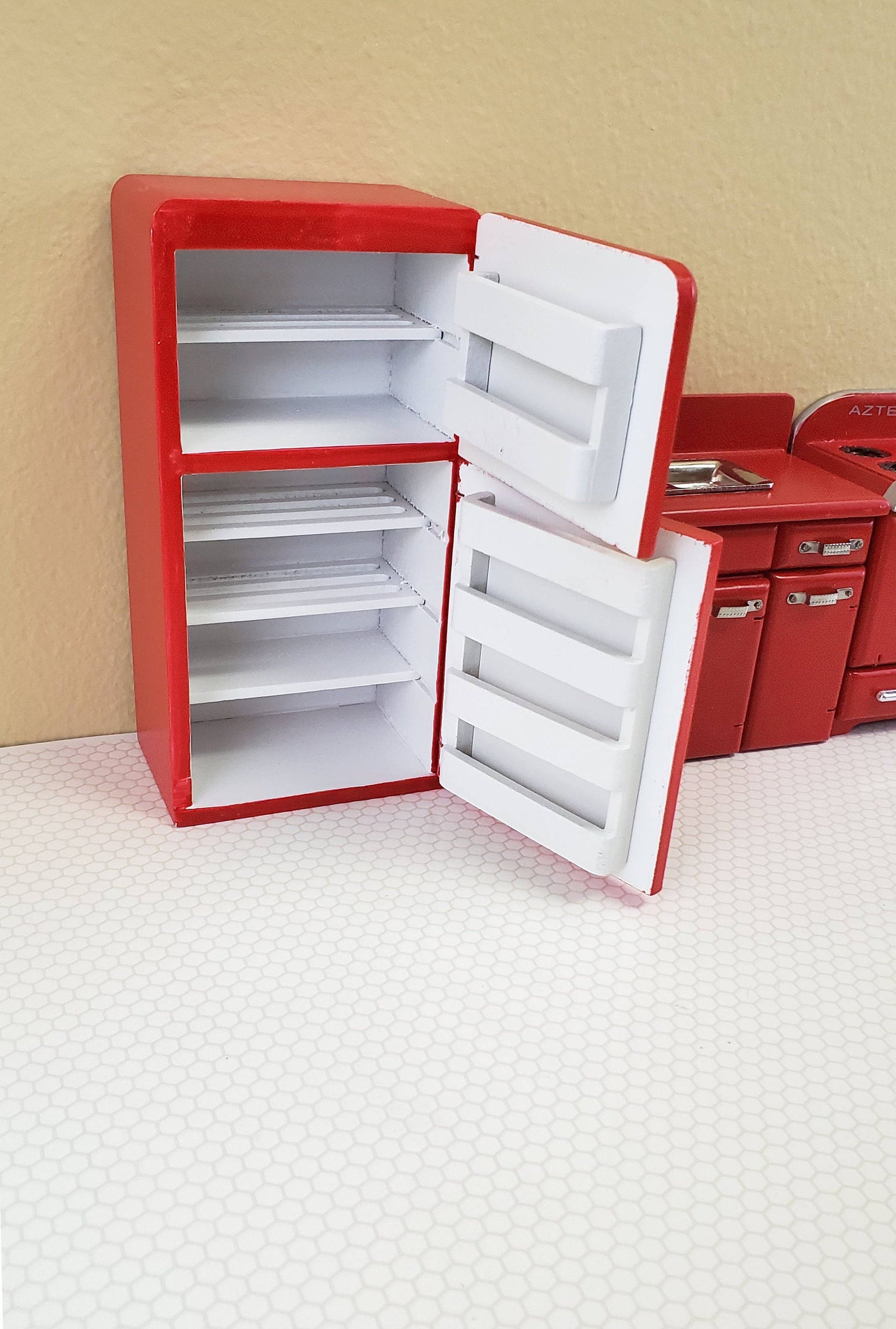 Dollhouse Miniature Kitchen Wall Set Fridge Sink Stove Oven 1:12 Scale Red