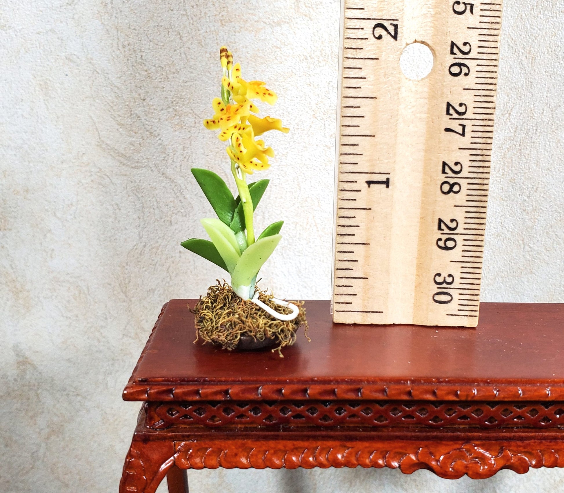 Dollhouse Yellow Orchid Arrangement in Brown Ceramic Pot 1:12 Scale Miniature