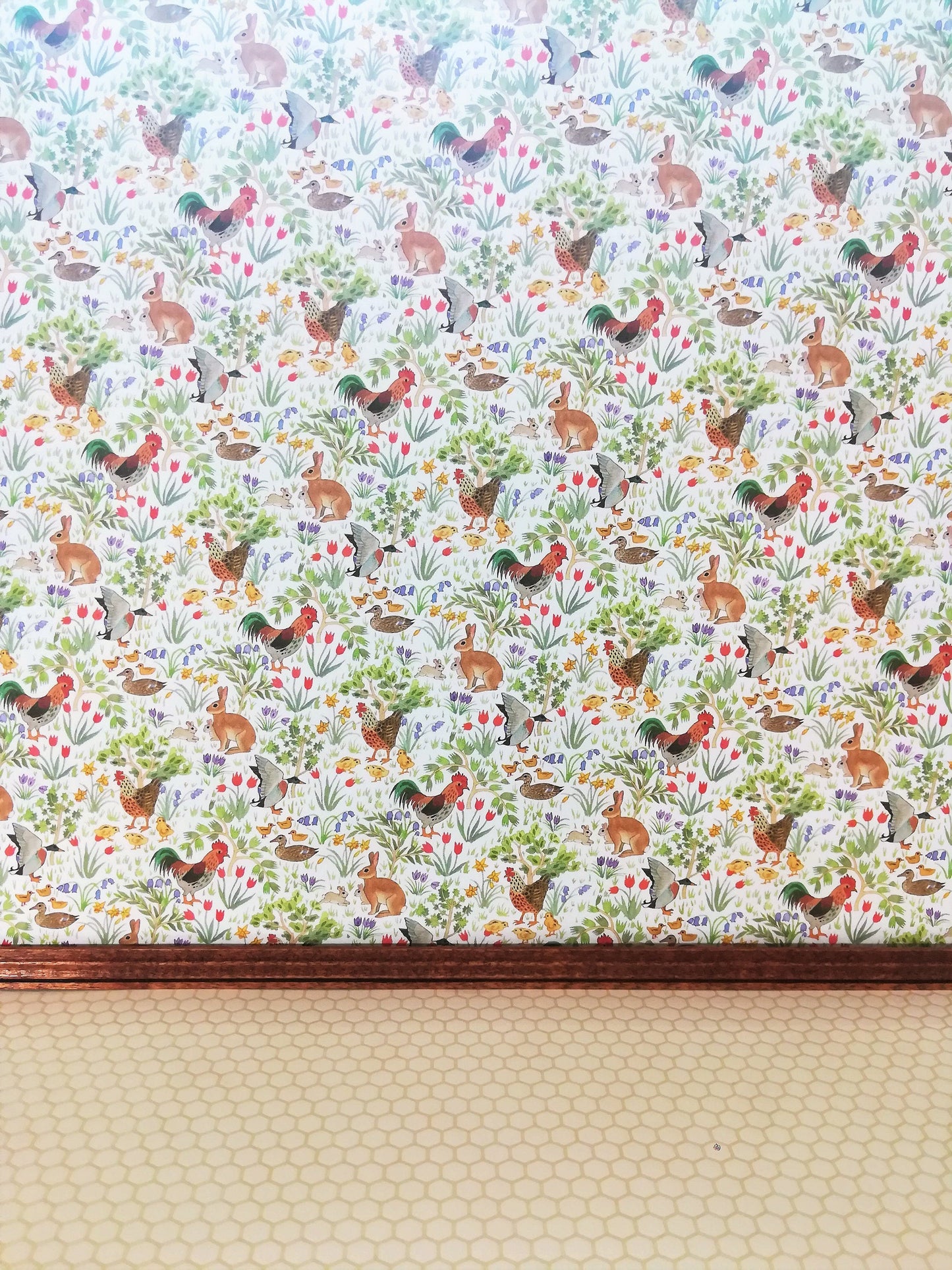 Dollhouse Kitchen Wallpaper 3 Sheets Roosters Bunnies Ducks 1:12 Country Spring