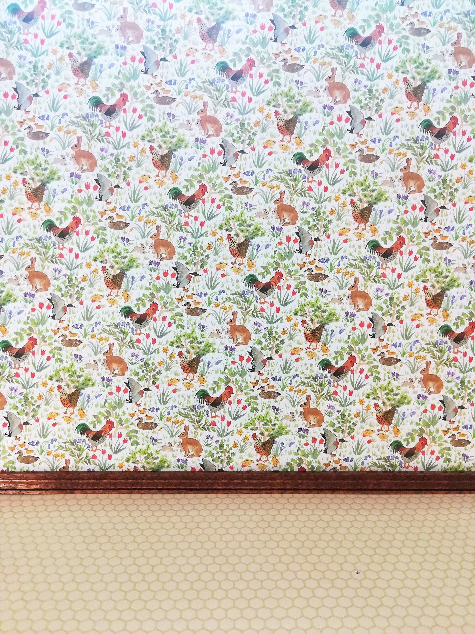 Dollhouse Kitchen Wallpaper 3 Sheets Roosters Bunnies Ducks 1:12 Country Spring