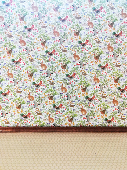 Dollhouse Kitchen Wallpaper 3 Sheets Roosters Bunnies Ducks 1:12 Country Spring