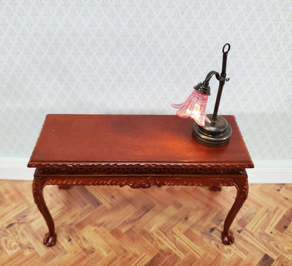 Dollhouse Battery Light Table Lamp Pink Flower Shade Bronze Base 1:12 Scale