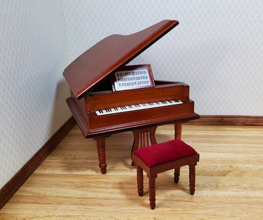 Dollhouse Grand Piano with Bench Seat Wood Instrument 1:12 Scale Miniature