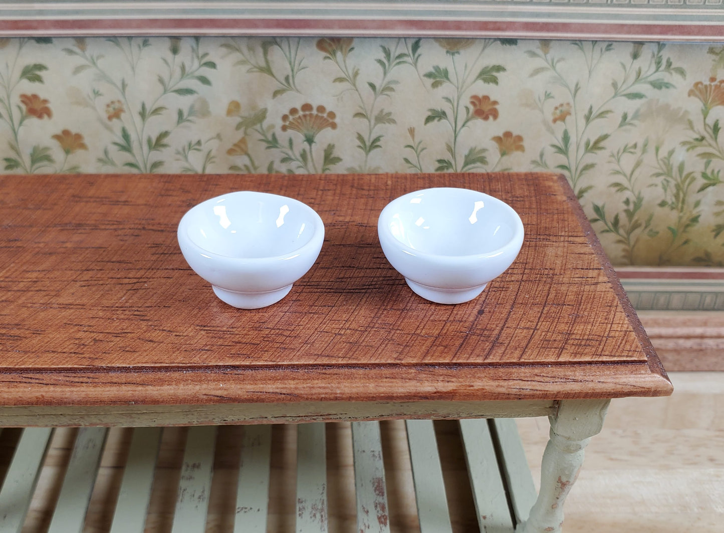 Dollhouse White Footed Ceramic Bowl Set of 2 1:12 Scale Miniature