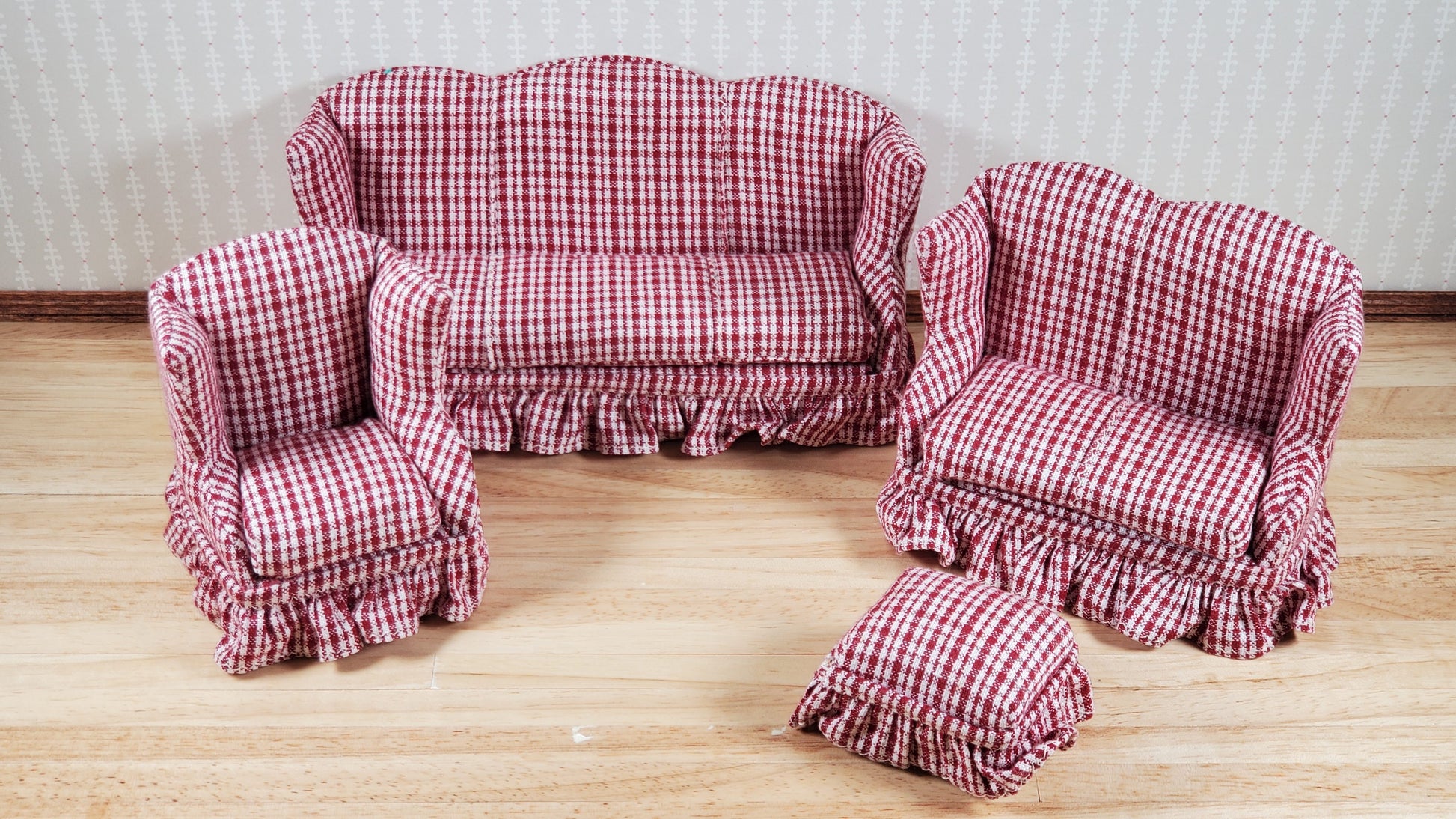 Dollhouse Living Room Set 4 pc Burgundy Plaid 1:12 Scale Miniature Furniture