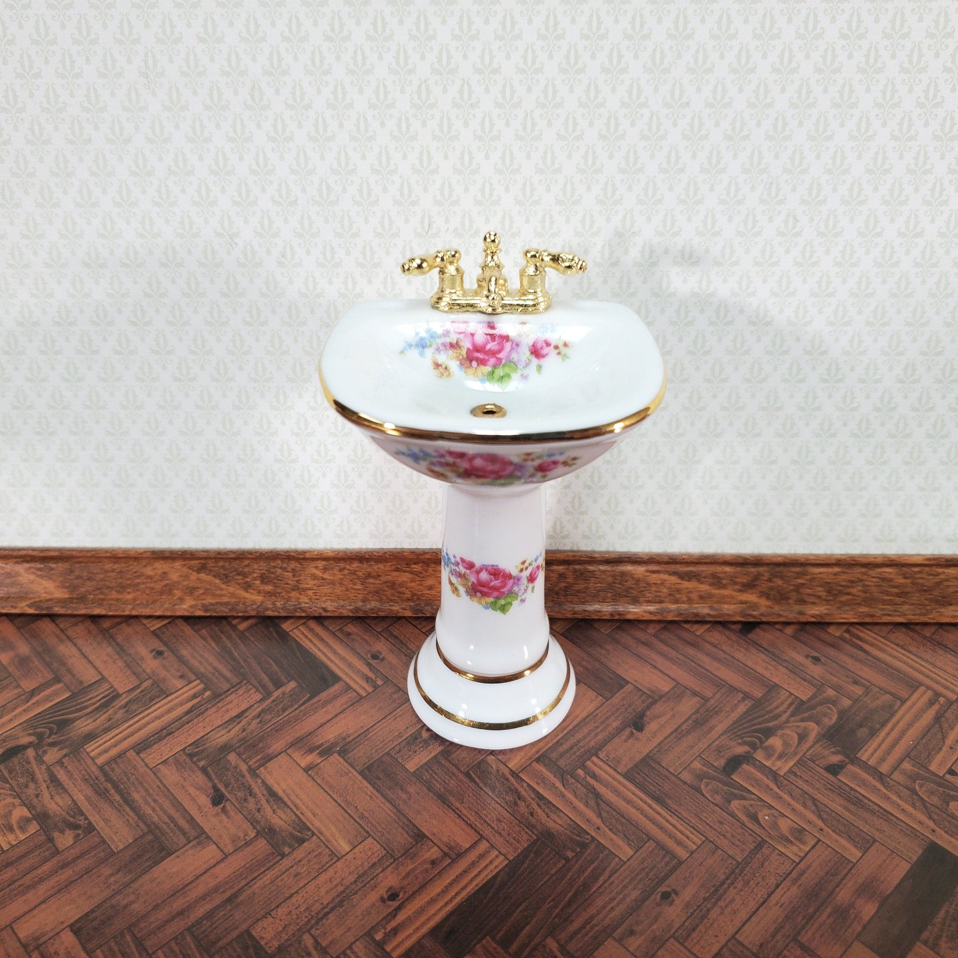 Dollhouse Pedestal Sink Bathroom Dresden Rose Reutter Porcelain 1:12 Scale Miniature