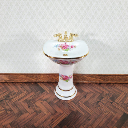 Dollhouse Pedestal Sink Bathroom Dresden Rose Reutter Porcelain 1:12 Scale Miniature
