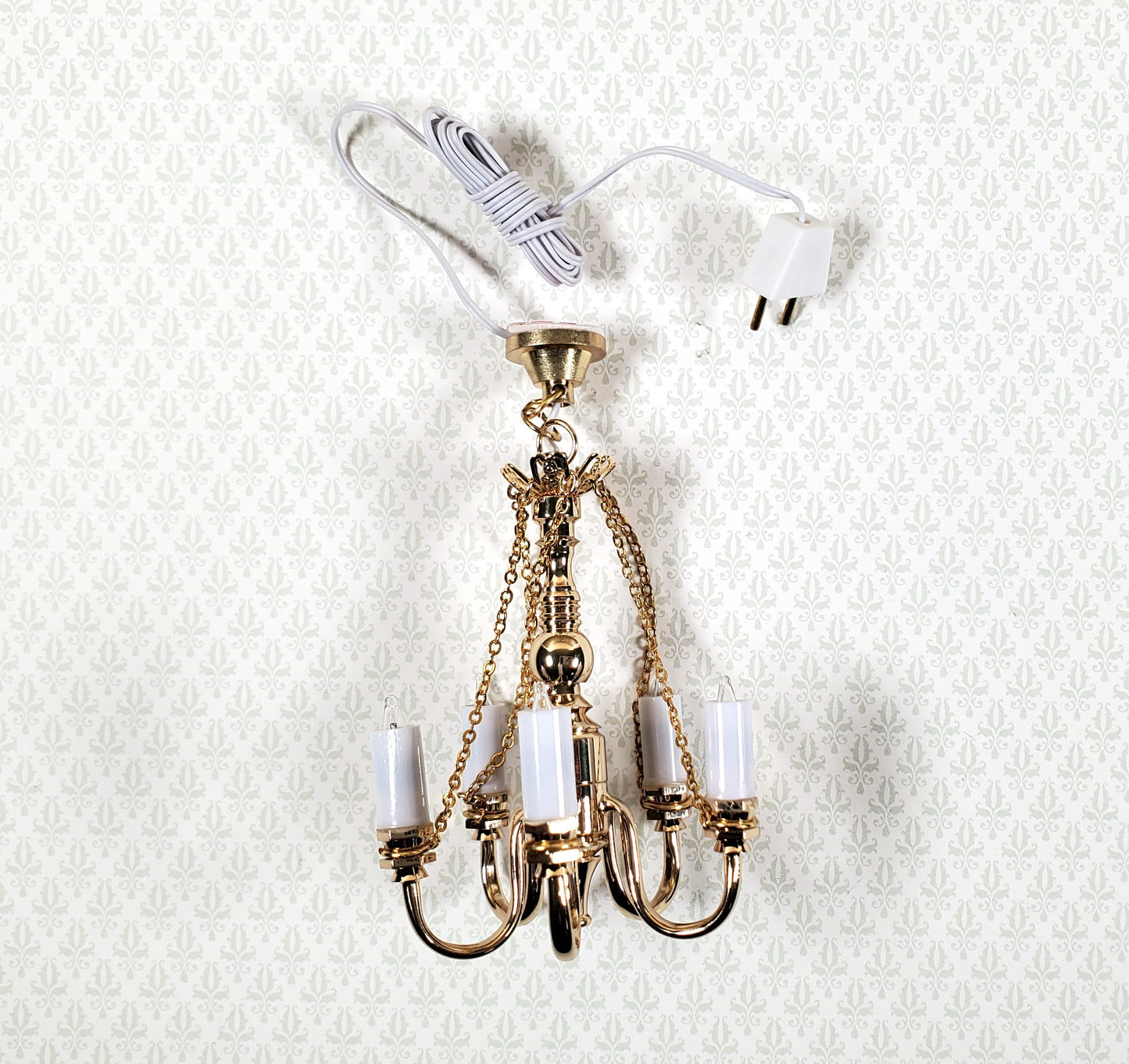 Dollhouse Candle Chandelier Gold 5 Arm 1:12 Scale Miniature 12 Volt with Plug