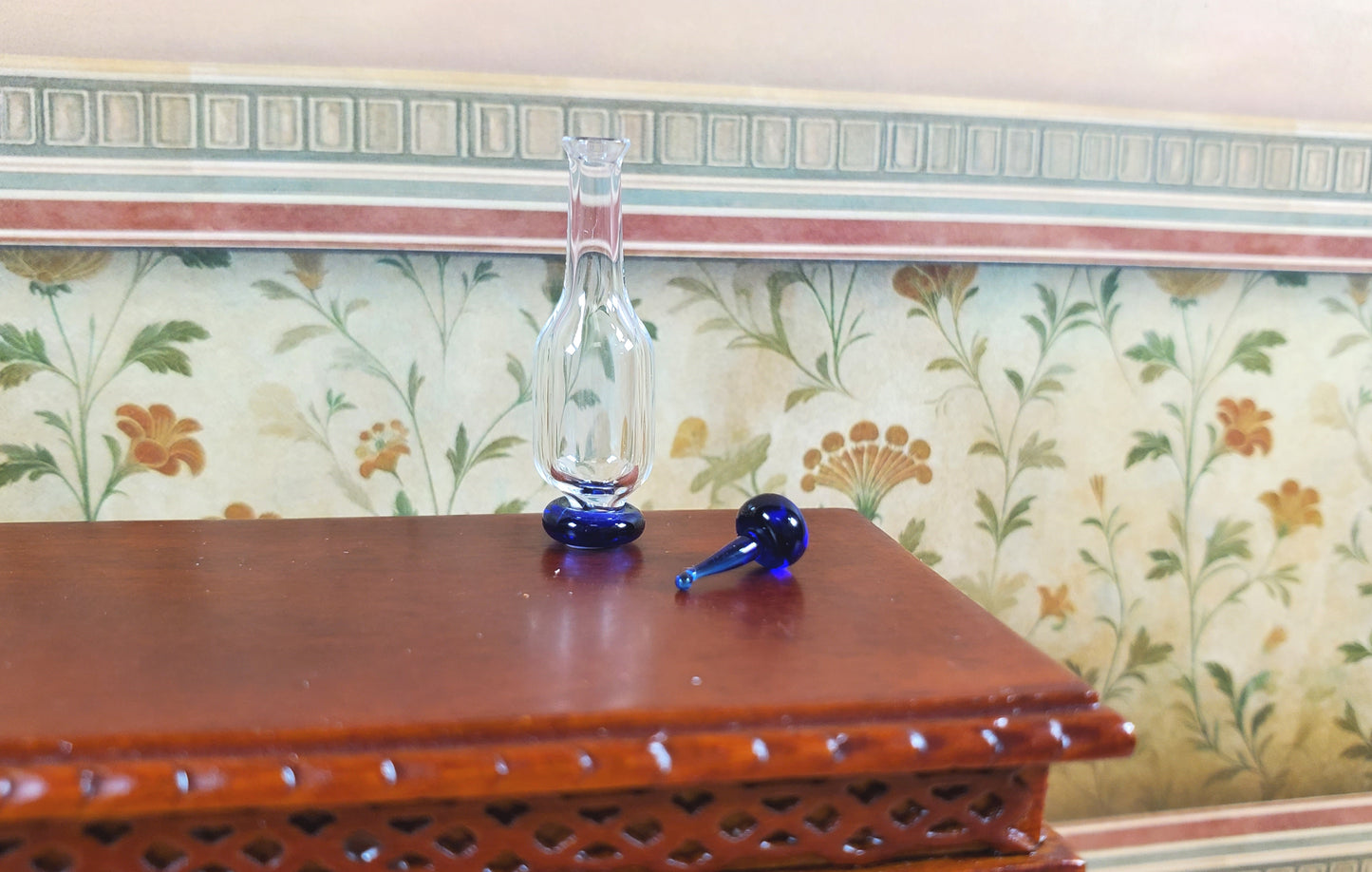 Dollhouse Blue Trim Glass Bottle with Top 1:12 Scale Miniature Decoration Drinks