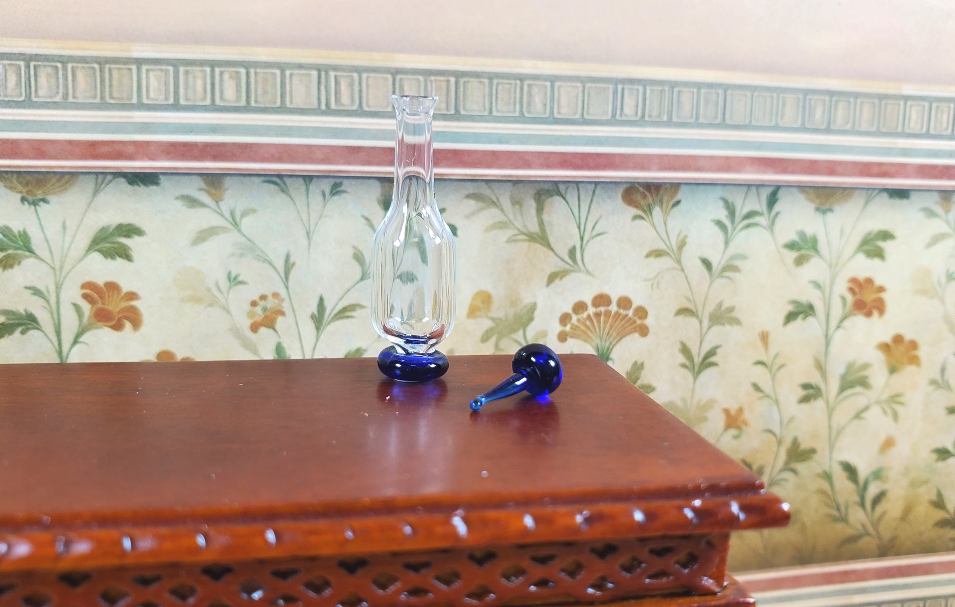 Dollhouse Blue Trim Glass Bottle with Top 1:12 Scale Miniature Decoration Drinks