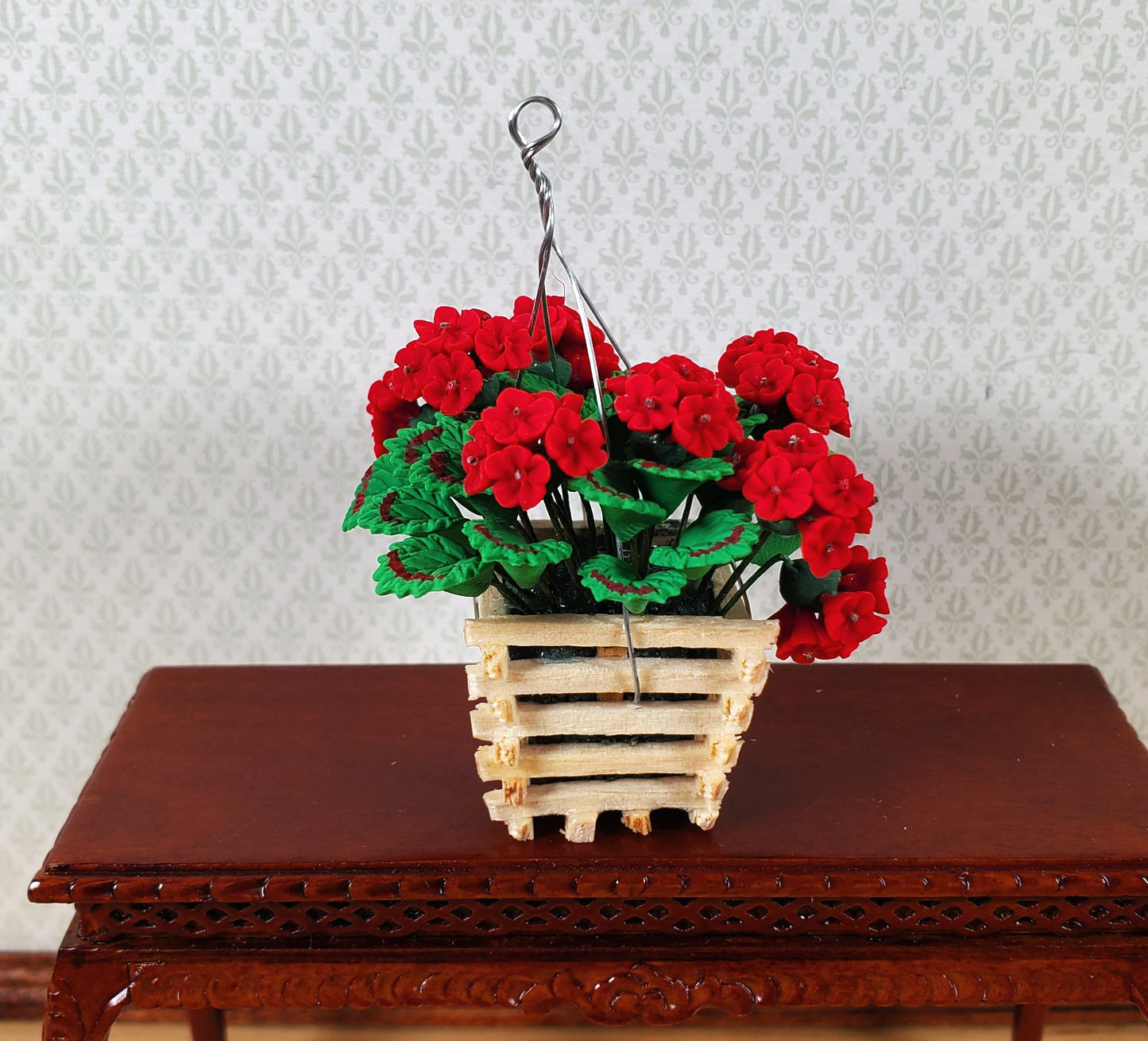 Dollhouse Red Geraniums in a Wood Hanging Basket 1:12 Scale Miniature