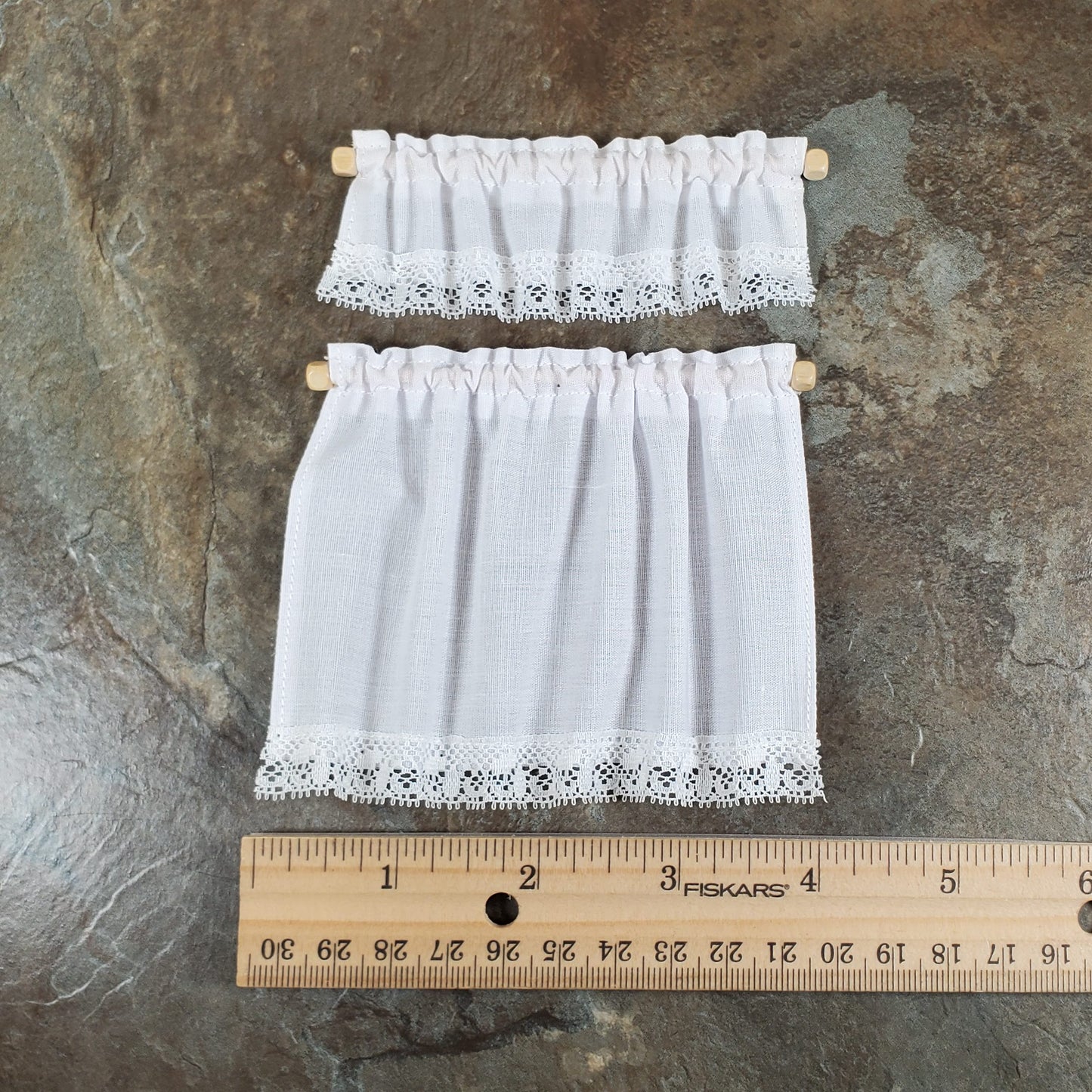 Dollhouse White Fabric Curtains & Valance Curtain Rod 1:12 Scale Miniature