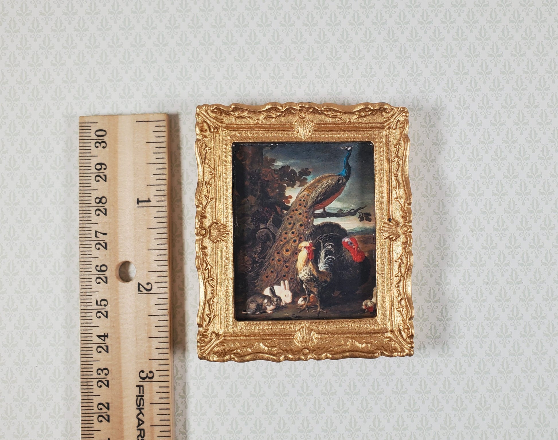 Miniature Framed Peacock Print with Roosters Rabbits 1:12 Scale for Dollhouse