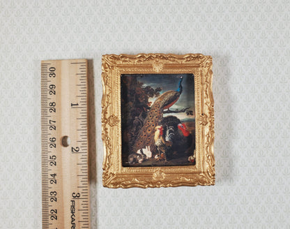 Miniature Framed Peacock Print with Roosters Rabbits 1:12 Scale for Dollhouse