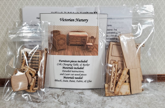 Dollhouse HALF SCALE Furniture KIT Victorian Nursery Set Crib Rocking Chair 1:24