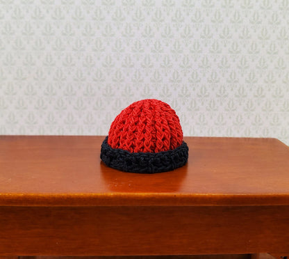 Dollhouse Crocheted Beanie Cap Hat Red and Black Wearable 1:12 Scale Miniature
