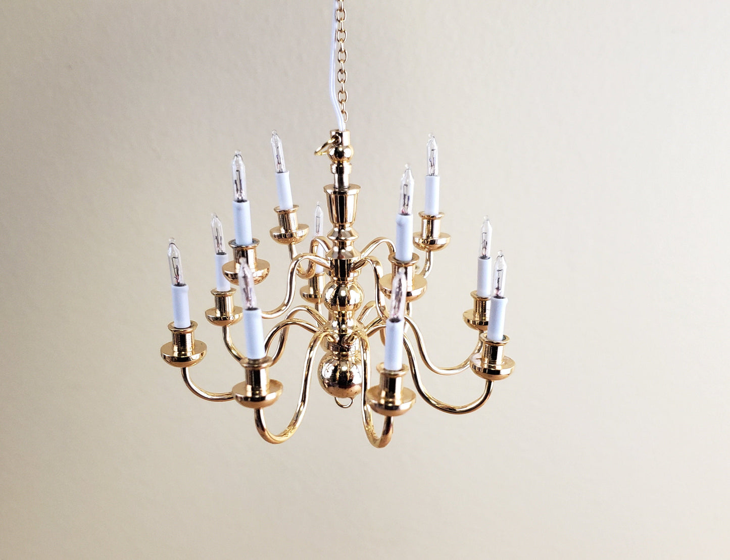 Dollhouse Miniature Hanging Chandelier Large 12 Arm Candle 12 Volt Electric GOLD 1:12 or 1/6 Scale