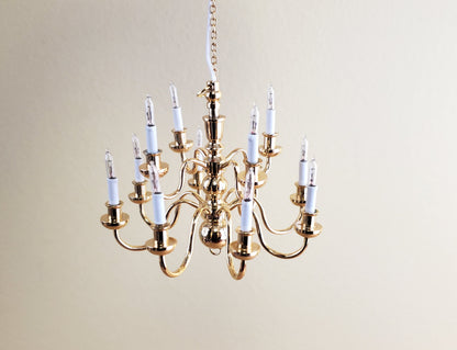 Dollhouse Miniature Hanging Chandelier Large 12 Arm Candle 12 Volt Electric GOLD 1:12 or 1/6 Scale
