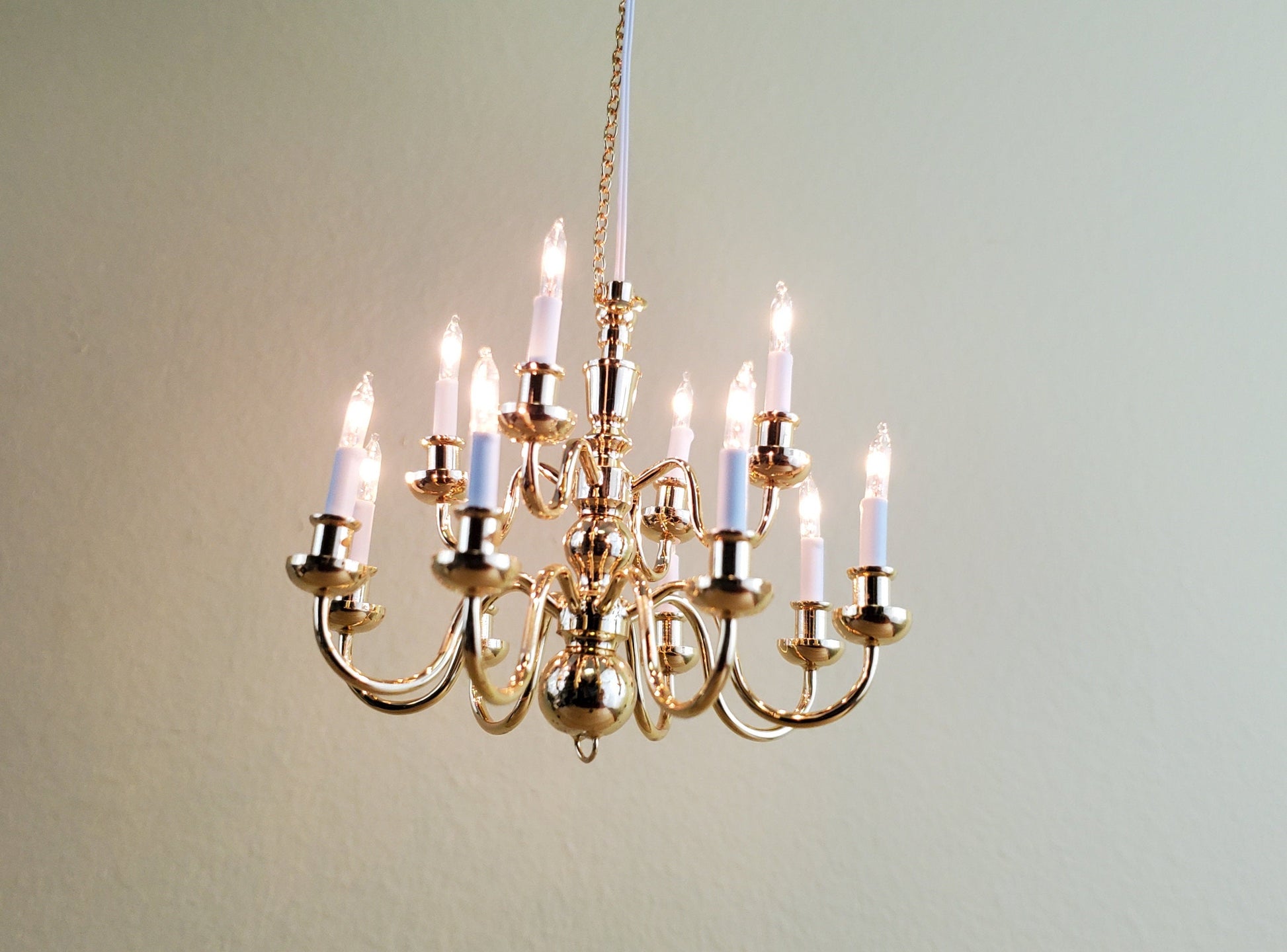 Dollhouse Miniature Hanging Chandelier Large 12 Arm Candle 12 Volt Electric GOLD 1:12 or 1/6 Scale