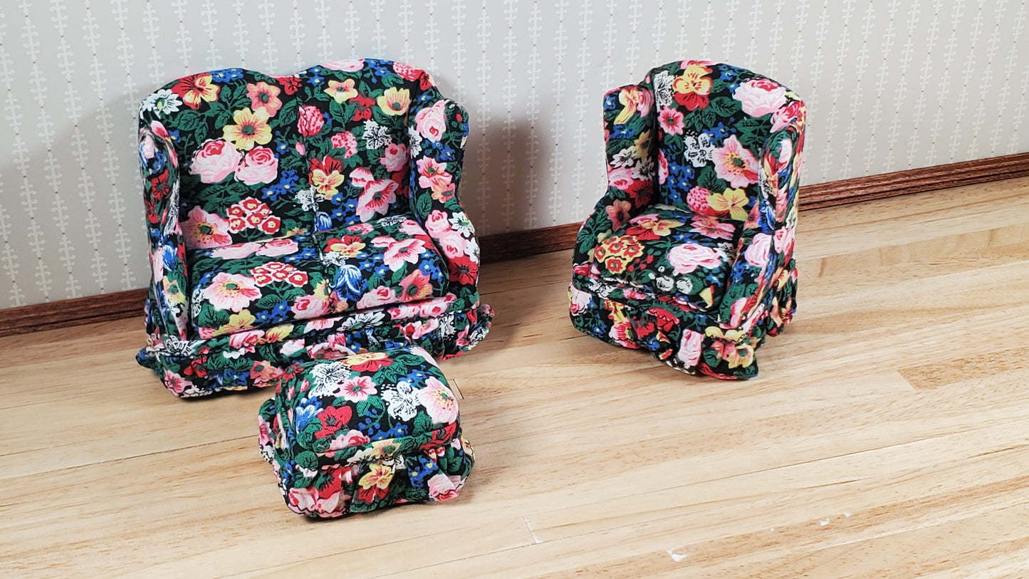 Dollhouse Small Sofa Chair Ottoman Colorful Floral 1:12 Scale Miniature Furniture