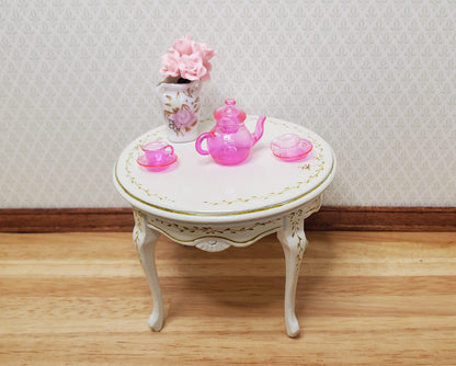 Dollhouse Bright Pink Glass Tea Set Teapot Teacups and Saucers 1:12 Scale