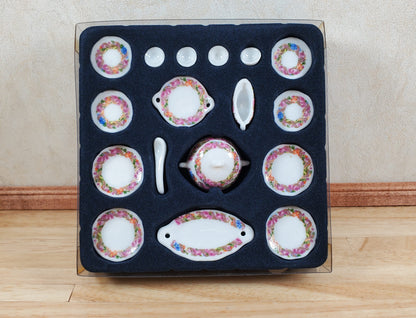 Dollhouse Dinner Set Plates Tureen Ceramic Floral Wreath 1:12 Scale Miniature