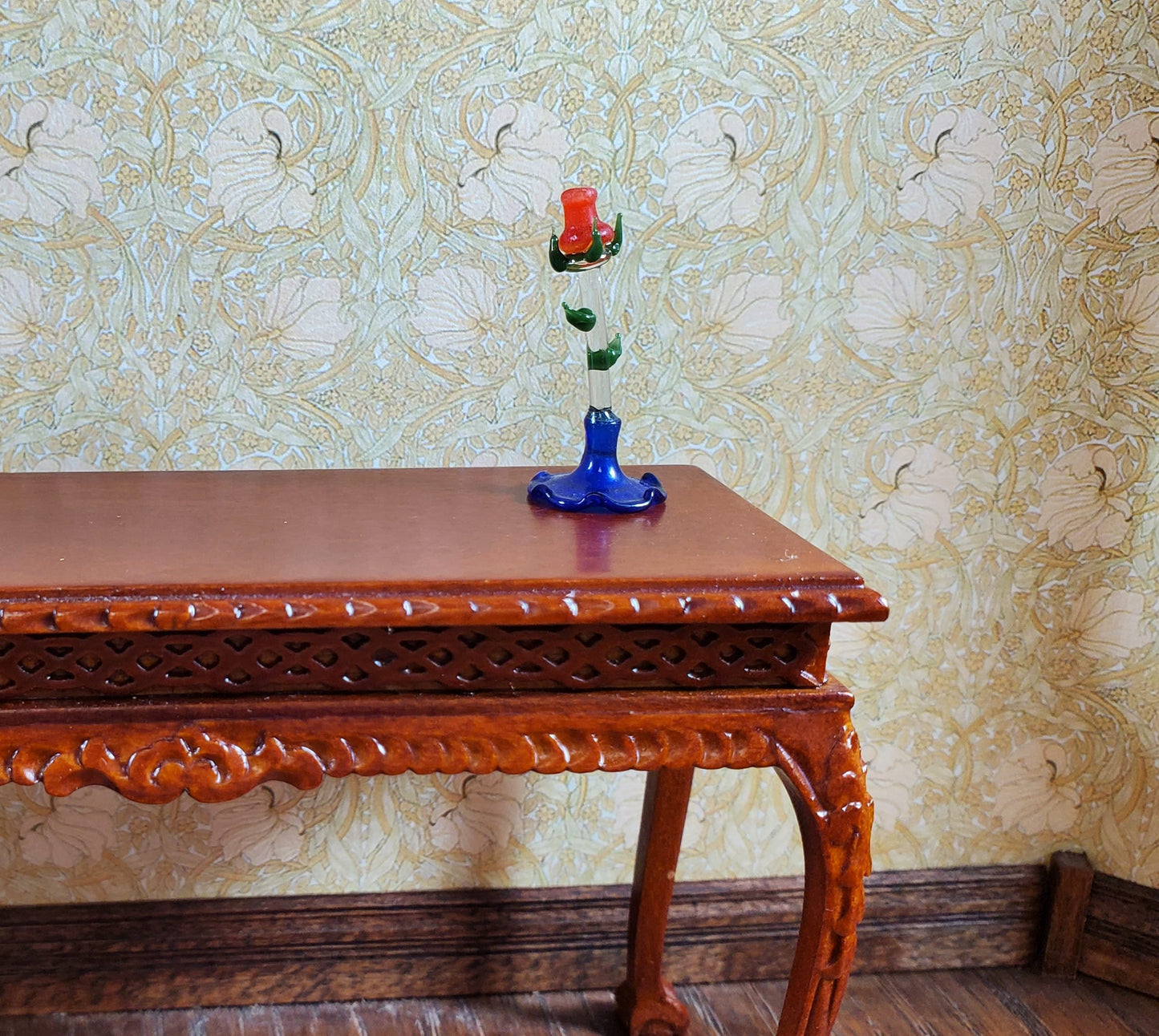 Dollhouse Tall Glass Rose Centerpiece Sculpture Blue Base 1:12 Scale Miniature