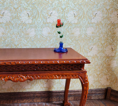 Dollhouse Tall Glass Rose Centerpiece Sculpture Blue Base 1:12 Scale Miniature